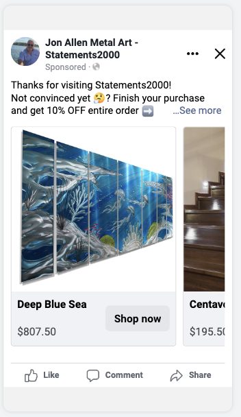 Facebook dynamic product ad retargeting a site visitor with a 10% off offer